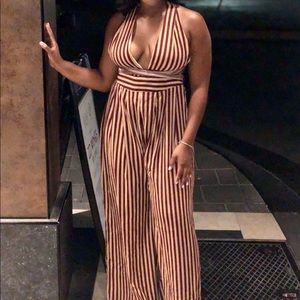 Camel Stripe Tie Waist Jumpsuit